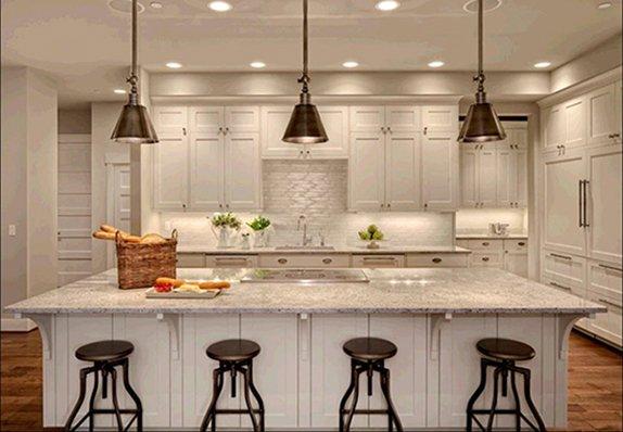 Shaker Cabinets Subtle White, accents of mahogony