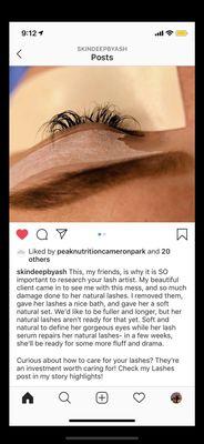 Picture of the work of sassy nails spa and a comment from another lash lady who cares for lashes intently.