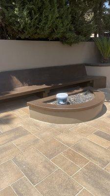 New interlocking pavers, fire pit and concrete bench