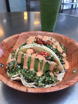 the kale avocado tacos (with the king green smoothie in the back)