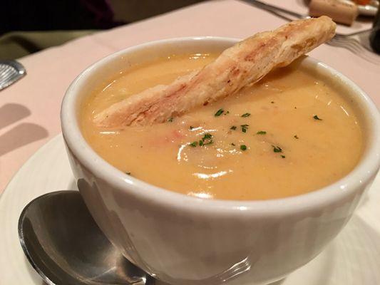 Seafood chowder. Asiago cheese stick, chives.