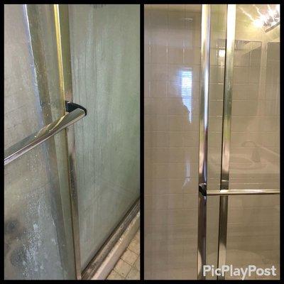 Before and after shower glass door cleaning