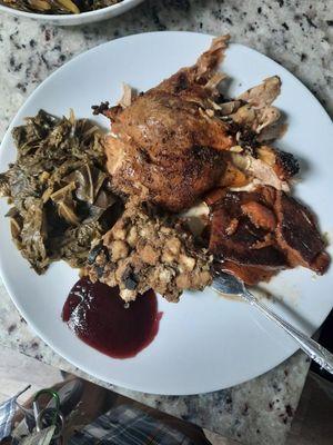 Turkey, stuffing, collard greens, and cranberry sauce