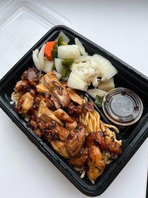 Chicken plate with stir fried noodles , tasty