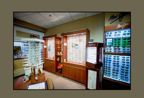 The optical shop carries popular brands such as Tom Ford and Maui Jim.