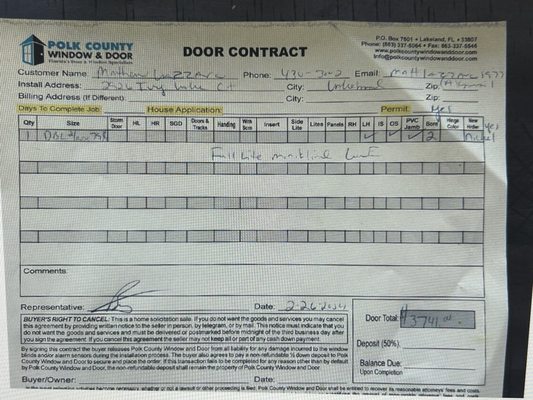 Polk County Window and Door initial quote.