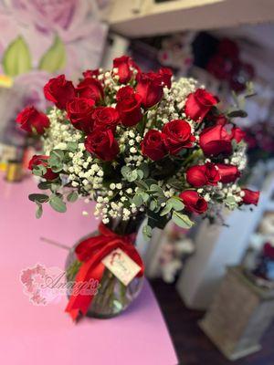 Classic four dozen roses arrangement.