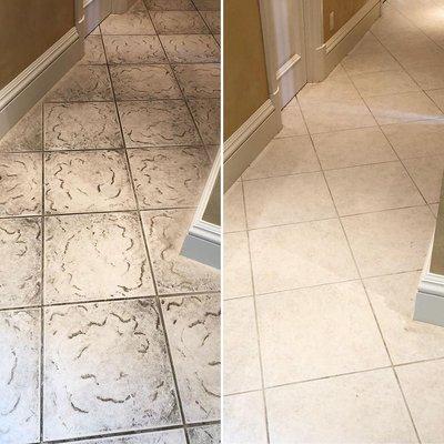 Before and After of textured tile at a customer's home.