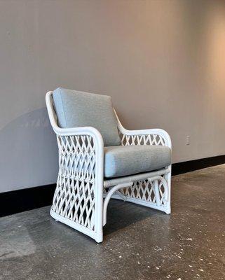 White Vintage Rattan Chair with new foam and upholstery in Perennials Basketweave Performance fabric.