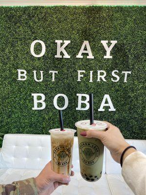 Left: Dragon Tea with Brown Sugar Boba Right: Matcha Latte with Brown Sugar Boba