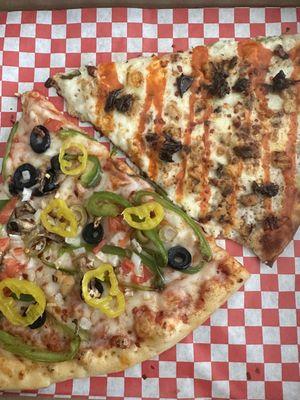 Veggie pizza and buffalo chicken, with some spicy toppings added at home