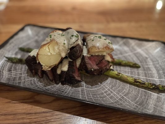 Hanger Steak with pressed duck fat potatoes and asparagus