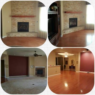 New gas fireplace, stack stone, solid oak mantle and new hard wood flooring.