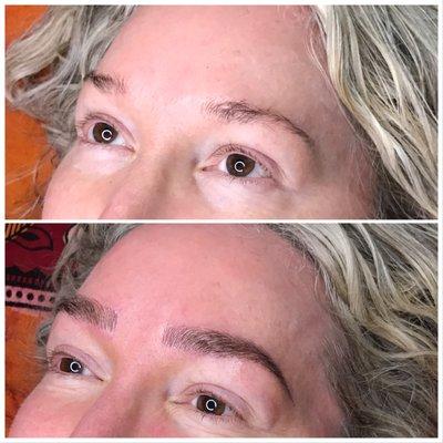 BEFORE BROWS - scrawny, thin, uneven, patchy,.  AFTER Melaine's incredible microblading: Full, thick, even, balanced - amazing and perfect!