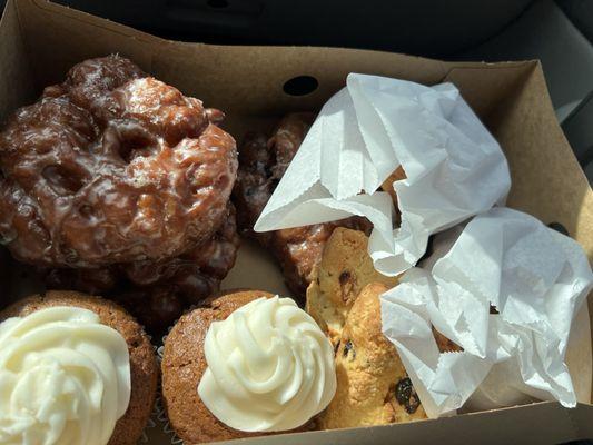 Apple & berry fritters, Carrot cake muffins, berry scone