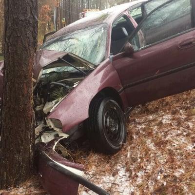 ouch. Please slow down in inclement weather. Driver is okay, bumps and bruises.