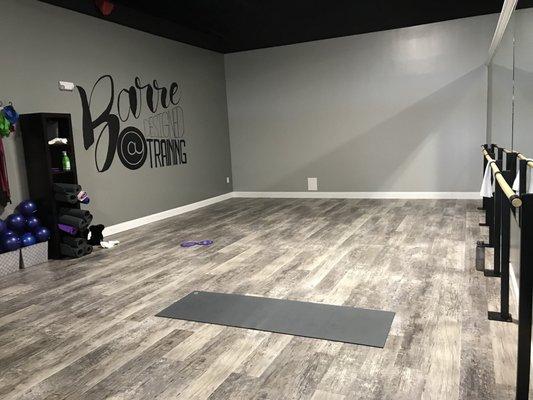 Really awesome Barre space! There are mirrors and bars to the left of this picture also