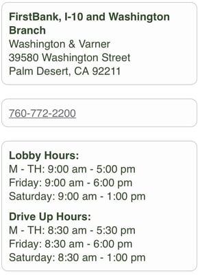 Hours for Lobby & Drive Up Window. Address & Phone #