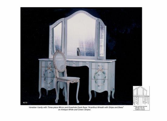 Venetian Vanity and chair. 50" or 56"w x 24"d x 67" h. All colors under the sun can be incorporated, No extra for custom color. Made in USA