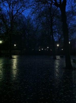 A rainy evening at the John Harvard Mall