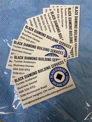 Business cards for Black Diamond Building Services. Commercial cleaning in Cleveland, Ohio.