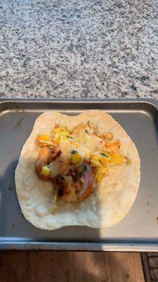 Shrimp mango cabbage chickpea flour taco