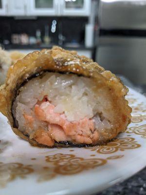 Inside of tempura bagel roll