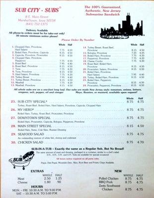 Sub City, Marshalltown menu