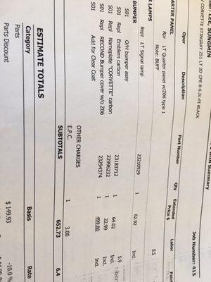 Paper from them after they changed it but charged same price as New OEM bumper cover. Also charged for emblem that they never replaced