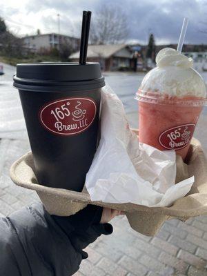 Large Mocha and a 12 oz strawberry smoothie with whipped cream.