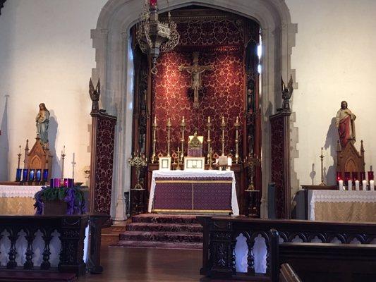 The altar in Advent purple.