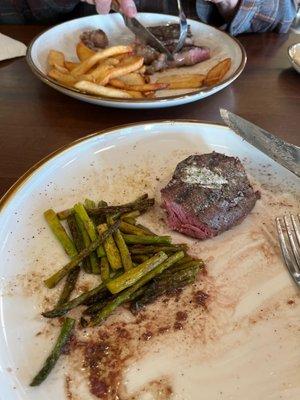 Ribeye, flat iron steak, asparagus