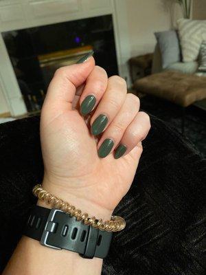 Forest green shellac on silk wrap nails