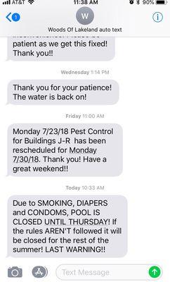 Clearly there's no oversight of the pool. Also got to love the super professional texts from management.