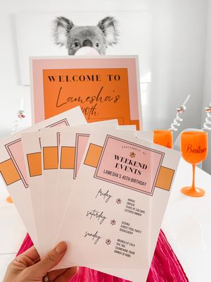 Customized stationeries such as a welcome sign, itinerary and dinner menu