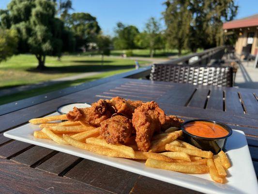 Wings and fries on the deck.