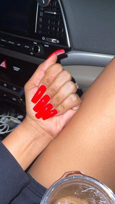 Red long square nails