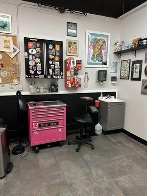 Carrie's work area, one of the private booths in our studio.