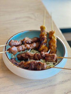 sweet soy ribeye / chicken satay / spicy lamb  get the chicken satay!