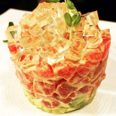 Spicy Tuna Tartare w/ Avocado & Sake Gelee.