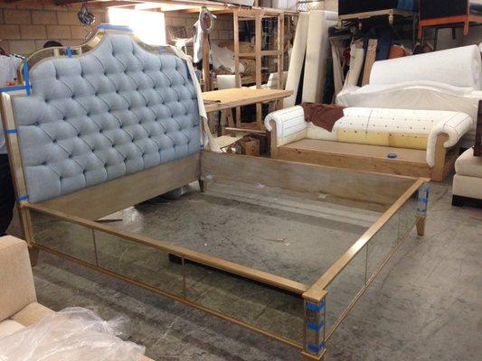 Custom made tufted King size bed with mirror rail frames