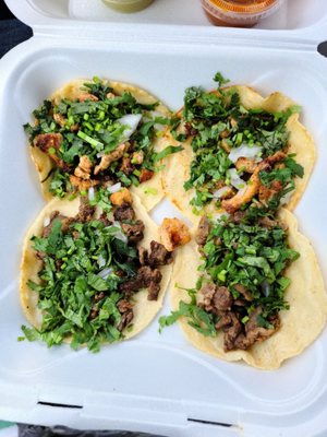 4 Tacos 12 Dollars. Street food size, 3-4 bites each.