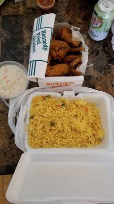 10 piece wings, spanish rice and cole slaw.