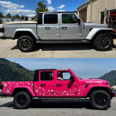 Before and after of a side view of our jeep we had wrapped.