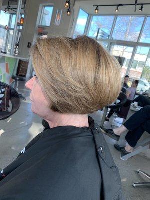 Root touch up, highlights, haircut