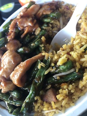 Lunch special chicken and string beans with pork fried rice