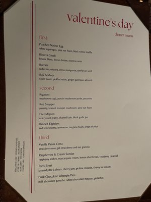 Valentine's Day pre-fixe menu