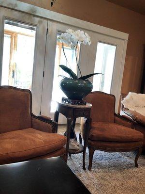 Cole reupholstered two Louis XV French armchairs for us in suede cowhide with dark bronze nails. Gorgeous work.