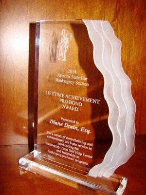 Chief Bankruptcy Judge, Dan Collins, awards Diane the Lifetime Achievement Pro Bono Award.