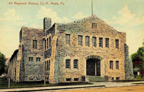 Veteran's Museum is located in this building -- Media PA 6th Regiment Armory Co. (antique postcard ca.1909)